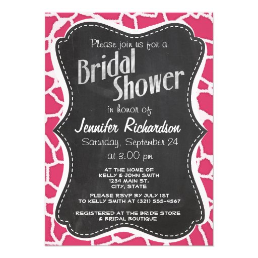 Dark Pink Giraffe Animal Print; Chalkboard Custom Invitations