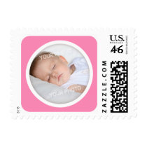 Dark pink photo frame for birth announcements postage stamp