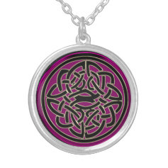 Dark Pink Stone With Black and Gold Celtic Knot Necklace