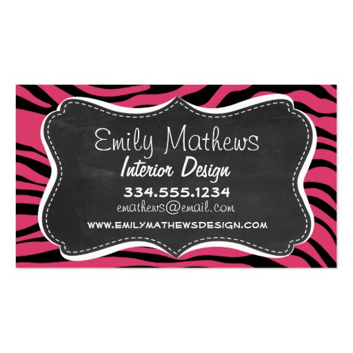 Dark Pink Zebra Stripes; Chalkboard look Business Card (front side)