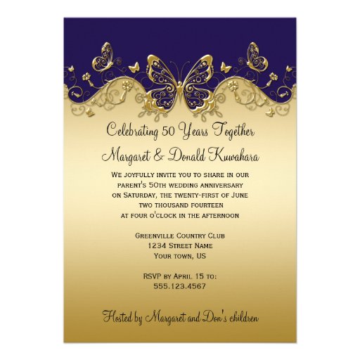 Dark Purple and Gold Butterflies 50th Anniversary Personalized Invitation