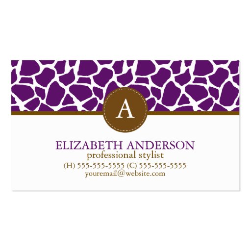 Dark Purple Giraffe Pattern Monogram Business Card Templates (front side)