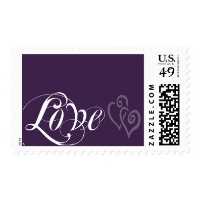 Dark Purple White Love Script Two Hearts Postage