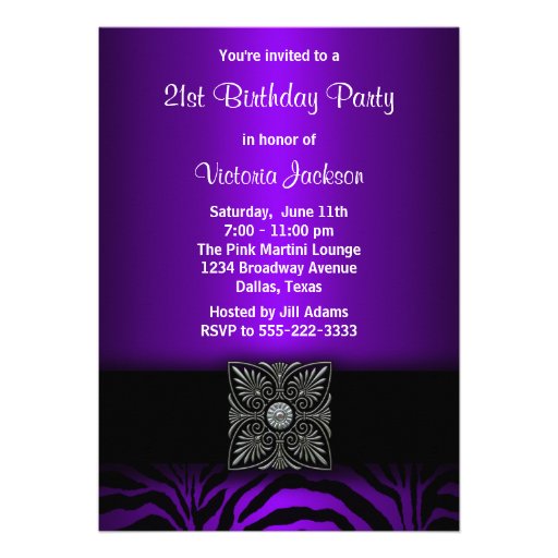 Dark Purple Zebra Womans 21st Birthday Party Custom Invites