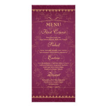 Dark raspberry and gold elegant wedding food menu rack card template