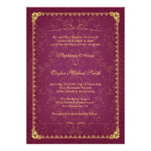 Dark raspberry and gold elegant wedding invitation