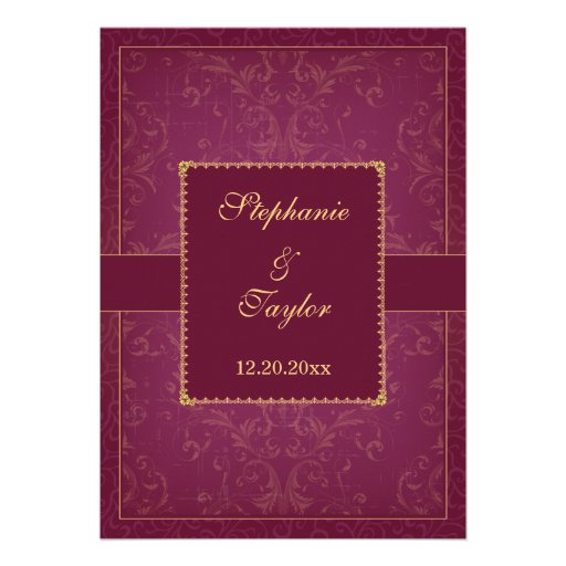 Dark raspberry and gold elegant wedding invitation