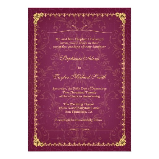 Dark raspberry and gold elegant wedding invitation