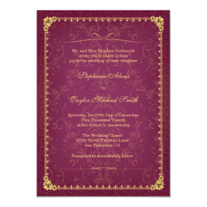 Dark raspberry and gold elegant wedding invitation 5