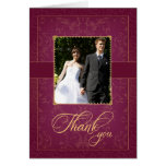 Dark raspberry and gold wedding photo thank you cards