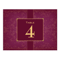 Dark raspberry and gold wedding table number post card