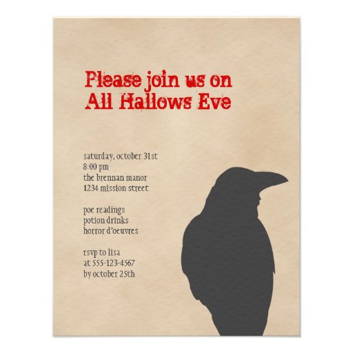 Dark raven bird brown parchment Halloween party Invites
