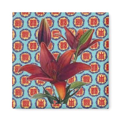 Dark Red Lily on Oriental Pattern Magnet by JuJuGarden