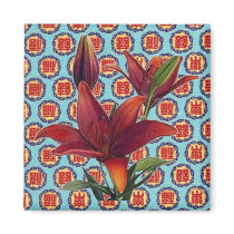 Dark Red Lily on Oriental Pattern magnets by JuJuGarden Dark Red Lily on Oriental Pattern magnets