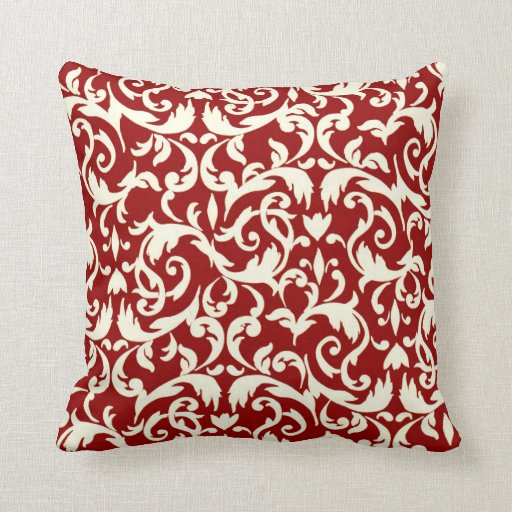 Dark Red & White Damask Fancy Square Throw Pillow Zazzle