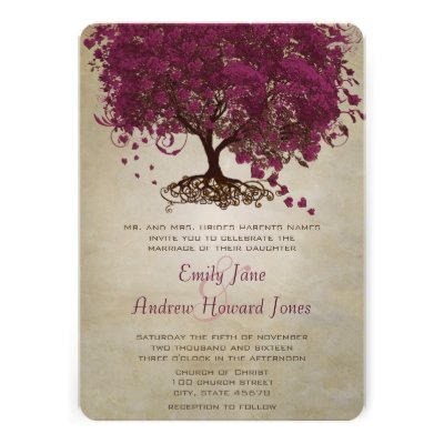 Dark Sangria Heart Leaf Tree Wedding Invites