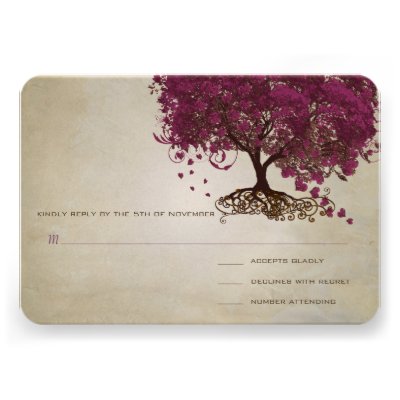 Dark Sangria Heart Leaf Tree Wedding RSVP Invites