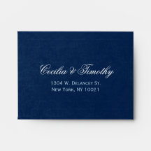 Dark Sapphire Blue Damask: Wedding RSVP Linen A2 Envelopes
