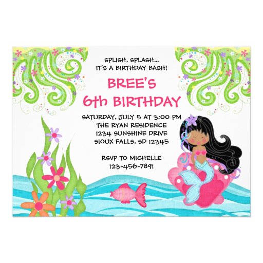 Dark Skin Mermaid Birthday Invitations (front side)