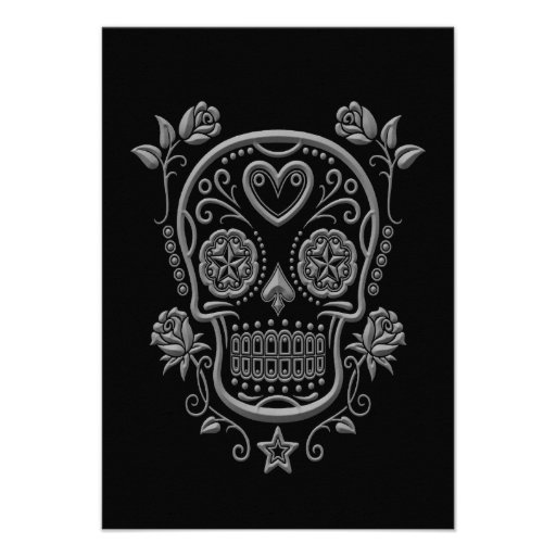 Dark Sugar Skull with Roses on Black Custom Invites