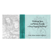 dark teal blue green distressed damask photo card