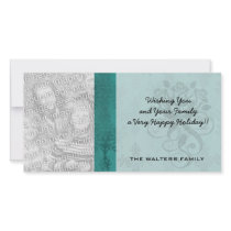 dark teal blue green distressed damask photo card