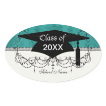 dark teal blue green distressed damask oval stickers