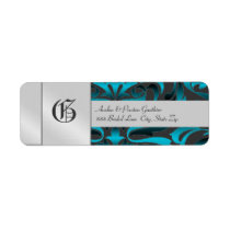 Dark Teal Damask Monogram Silver Wedding  Label