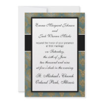 dark teal green and faux metallic gold damask custom invitation