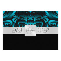 Dark Teal Monogram Half Damask RSVP Invitation