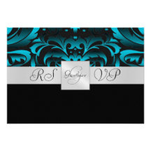 Dark Teal Monogram Half Damask RSVP Invitation