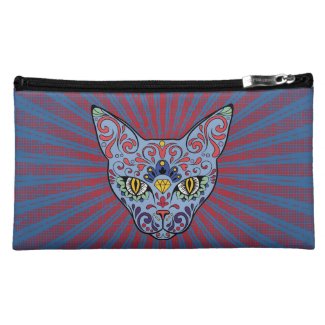Day of the Dead Blue Cat Sugar Skull Cosmetic Bags