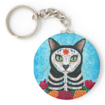 Day of the Dead Cat Sugar Skull Art Keychain