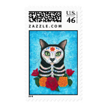Day of the Dead Cat, Sugar Skull Cat Art Postage