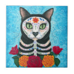 Day of the Dead Cat, Sugar Skull Cat Art Tile tiles