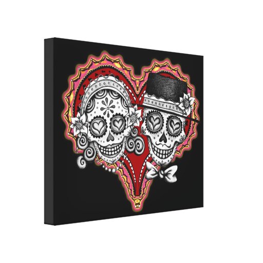 Day of the Dead Sugar Skull Couple Art on Canvas Stretched Canvas Print