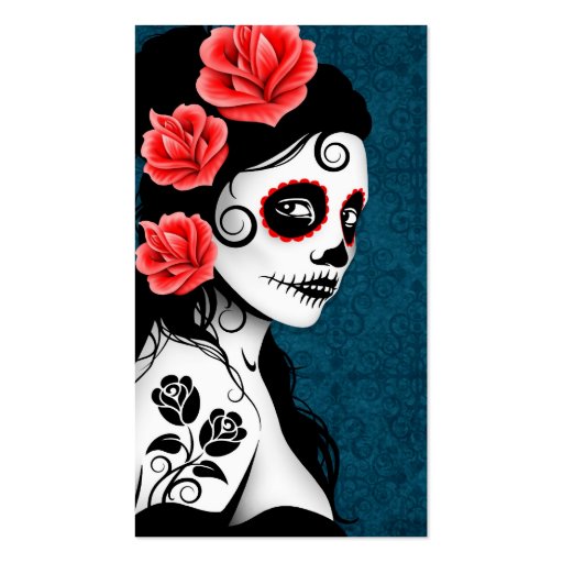 Day of the Dead Sugar Skull Girl - blue Business Card Templates