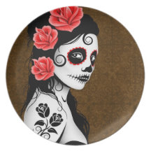 Day of the Dead Sugar Skull Girl - brown Party Plates