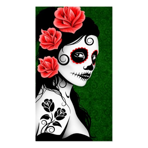 Day of the Dead Sugar Skull Girl - green Business Card Template (front side)