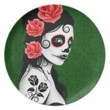 Day of the Dead Sugar Skull Girl - green Party Plates