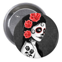 Day of the Dead Sugar Skull Girl - grey Buttons