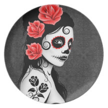 Day of the Dead Sugar Skull Girl - grey Party Plates