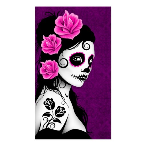 Day of the Dead Sugar Skull Girl - purple Business Card Template (front side)
