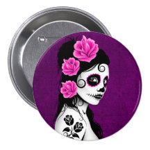 Day of the Dead Sugar Skull Girl - purple Pinback Buttons