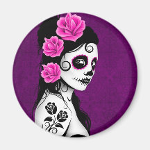 Day of the Dead Sugar Skull Girl - purple Refrigerator Magnets