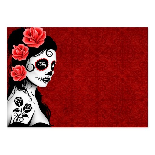 Day of the Dead Sugar Skull Girl - red Business Card Template (front side)