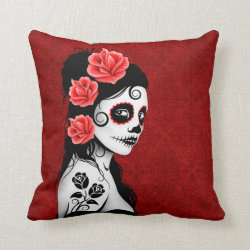 Day of the Dead Sugar Skull Girl - red Pillows