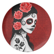Day of the Dead Sugar Skull Girl - red Dinner Plate
