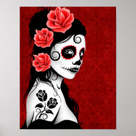 Day of the Dead Sugar Skull Girl - red Poster