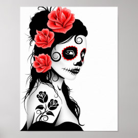 Day of the Dead Sugar Skull Girl - white Poster